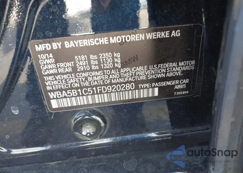 2015 BMW 535I z USA, uszkodzony, nr VIN WBA5B1C51FD920280